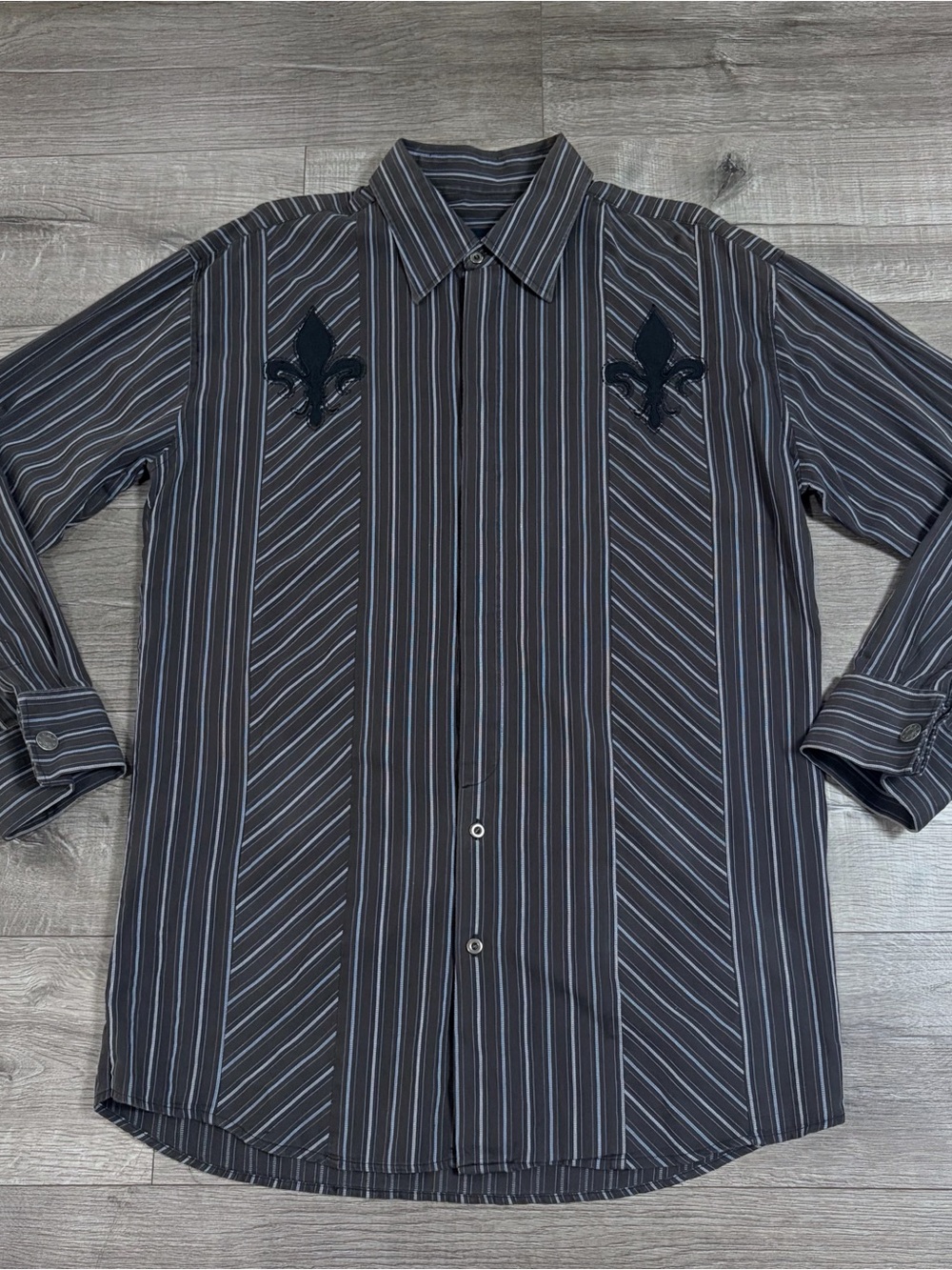 Blue Pronto Uomo Long Sleeve Button Up Shirt Size XLT Grey Striped fleur-de-lis